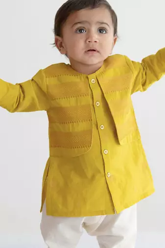 kids green jacquard cotton kurta set