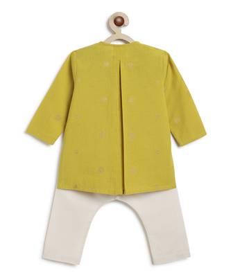 kids green jacquard cotton kurta set 3