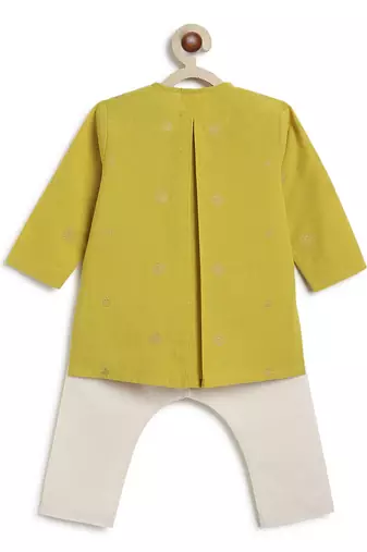 kids green jacquard cotton kurta set