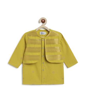 kids green jacquard cotton kurta set 4