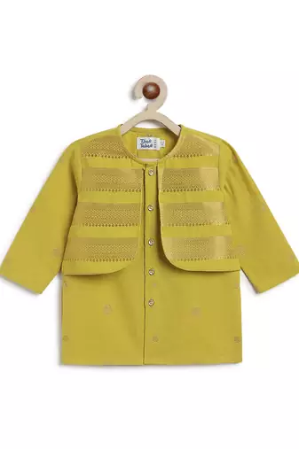 kids green jacquard cotton kurta set
