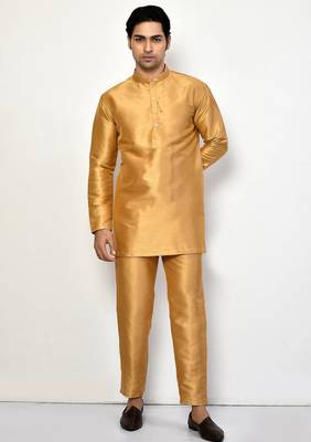 Elegant occasion wear gold raw silk short kurta with pants 1