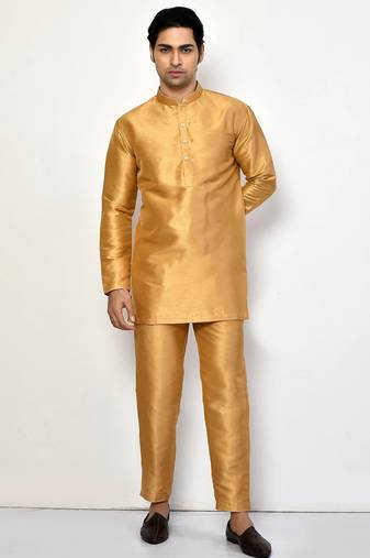 Elegant occasion wear gold raw silk short kurta with pants