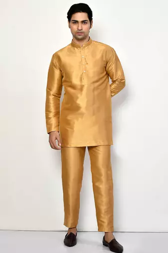 Elegant occasion wear gold raw silk short kurta with pants