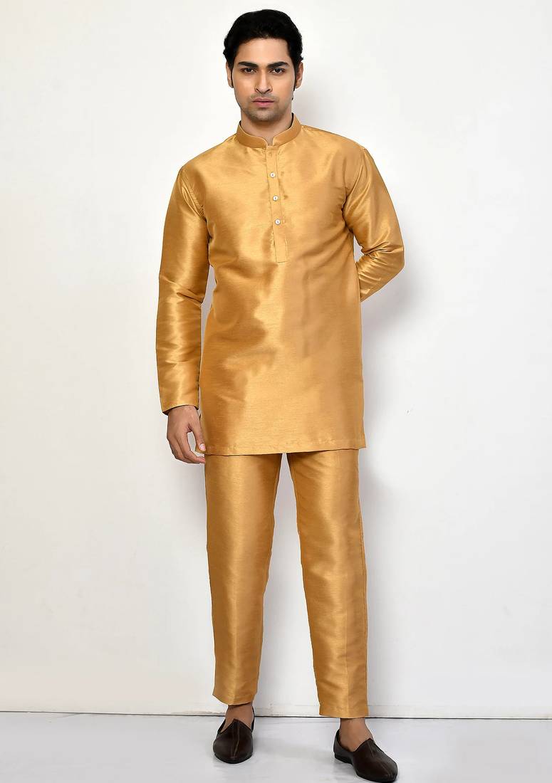 Elegant occasion wear gold raw silk short kurta with pants