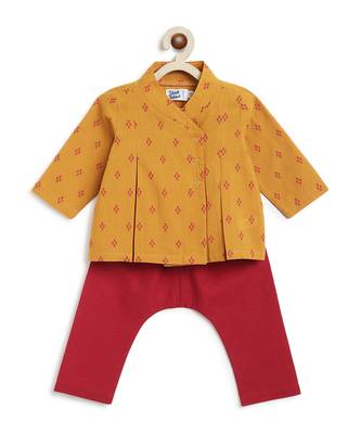 kids mustard yellow jacquard cotton top & pant set 2