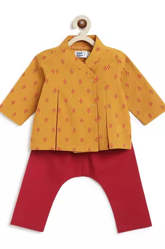 Mustard yellow jacquard cotton top with pant