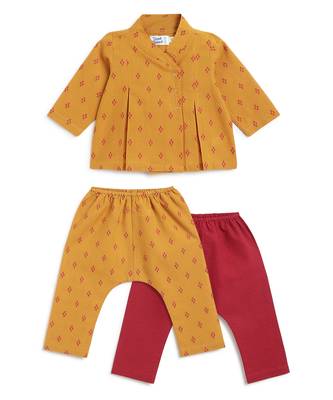 kids mustard yellow jacquard cotton top & pant set 3