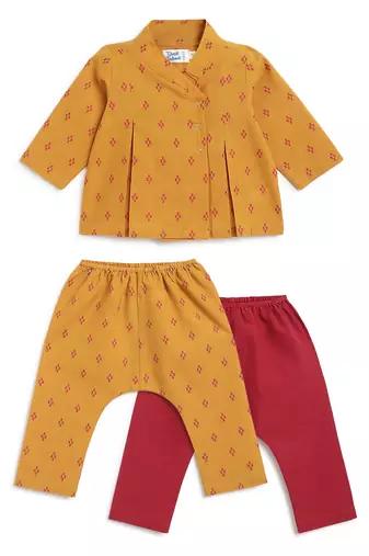 kids mustard yellow jacquard cotton top & pant set