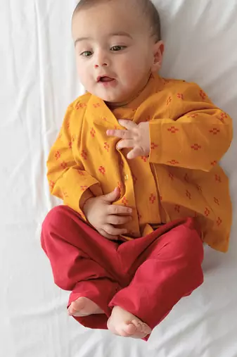 kids mustard yellow jacquard cotton top & pant set