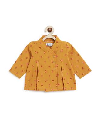 kids mustard yellow jacquard cotton top & pant set 4