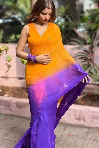 Orange Color Handwork Khatali Work Georgette Saree