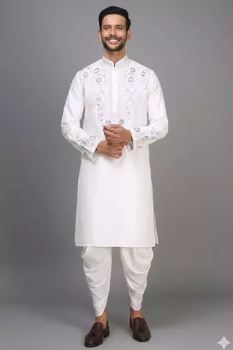 off white silk kurta patiala with thread embroidery