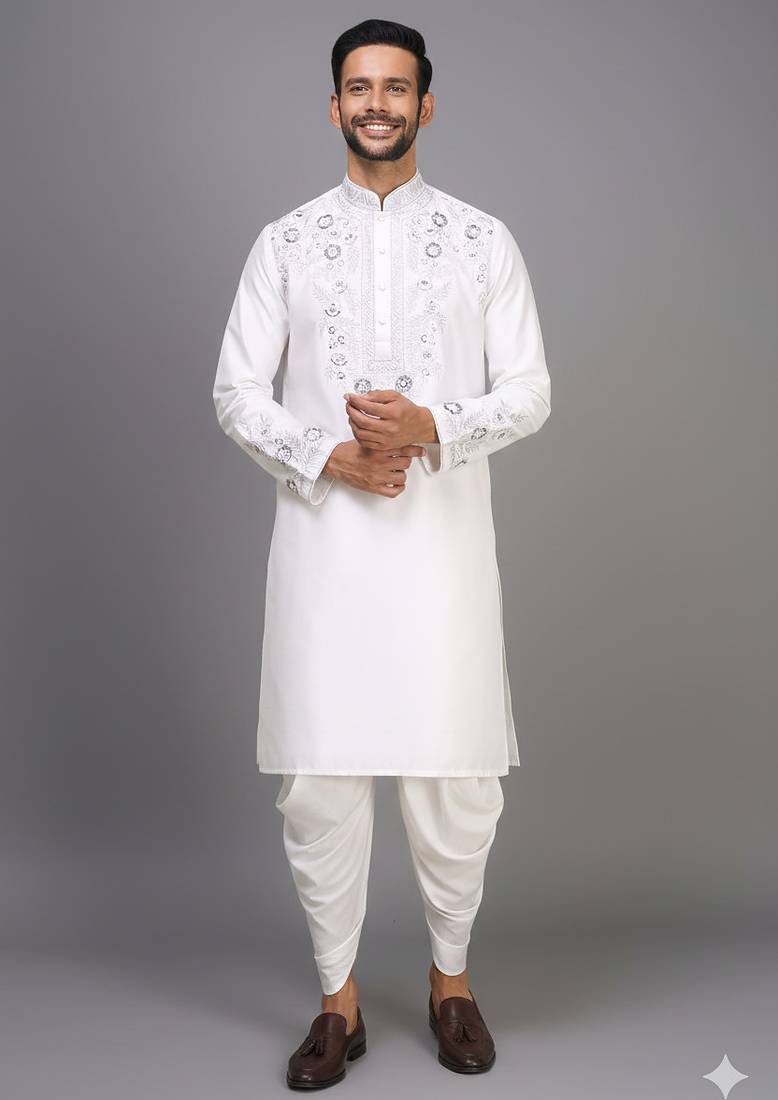 off white silk kurta patiala with thread embroidery
