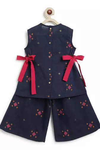 kids navy blue jacquard cotton co-ord set