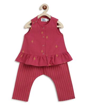 kids red cotton jacquard co-ord set 2