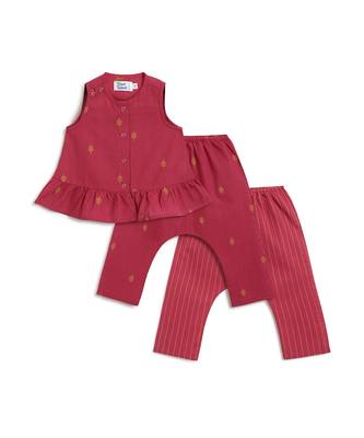 kids red cotton jacquard co-ord set 3