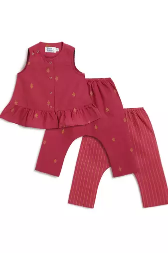 kids red cotton jacquard co-ord set