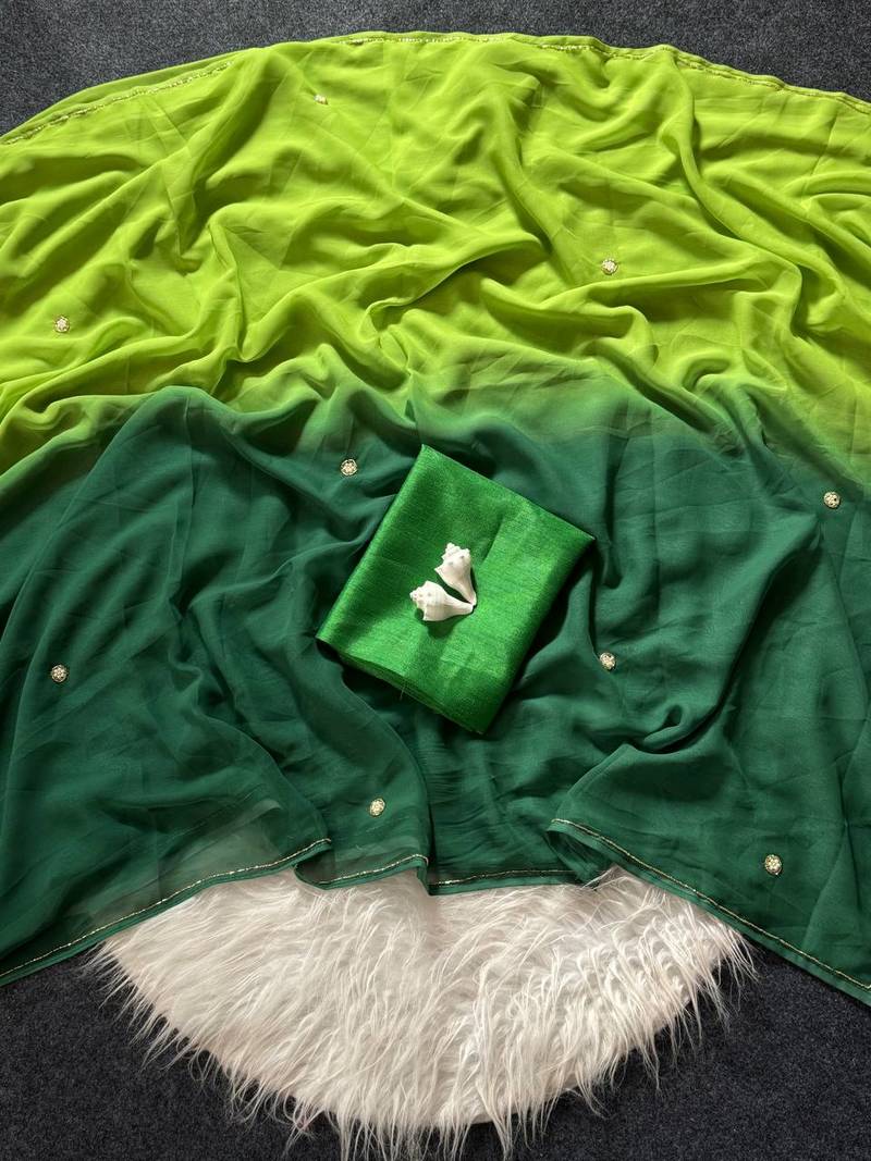 Parrot Geen Color Handwork Khatali Work Georgette Saree