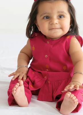 kids red cotton jacquard co-ord set 1