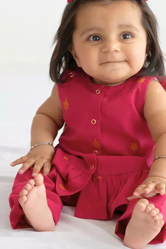 kids red cotton jacquard co-ord set