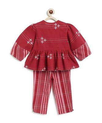kids maroon cotton jacquard co-ord set 2