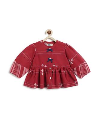 kids maroon cotton jacquard co-ord set 4