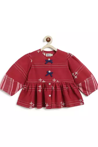 kids maroon cotton jacquard co-ord set