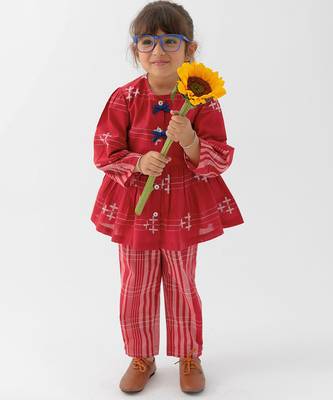 kids maroon cotton jacquard co-ord set 1