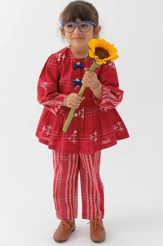 kids maroon cotton jacquard co-ord set