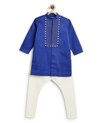 boys blue cotton embroidered kurta pajama set 2