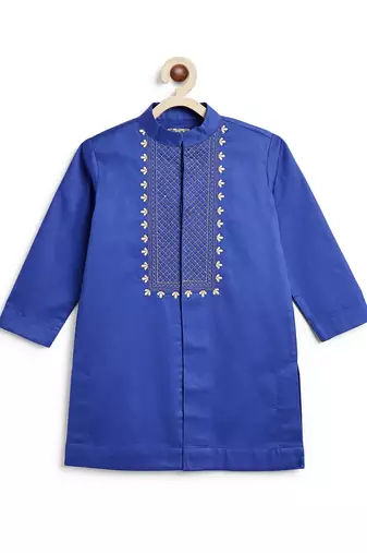 boys blue cotton embroidered kurta pajama set