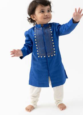 boys blue cotton embroidered kurta pajama set 1