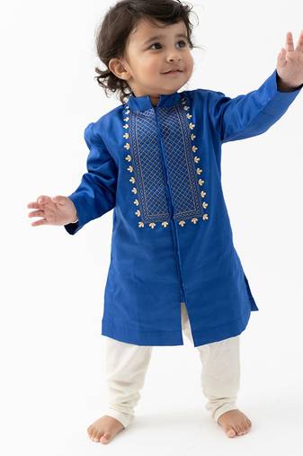 boys blue cotton embroidered kurta pajama set