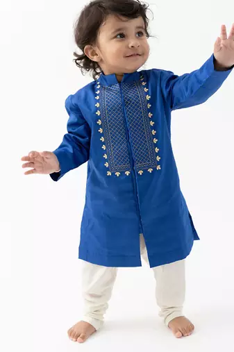 boys blue cotton embroidered kurta pajama set