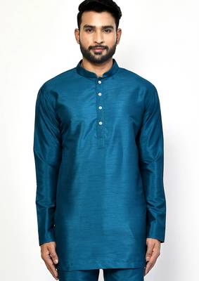 Elegant teal blue raw silk short kurta with pants 3