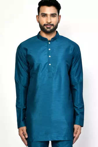 Elegant teal blue raw silk short kurta with pants