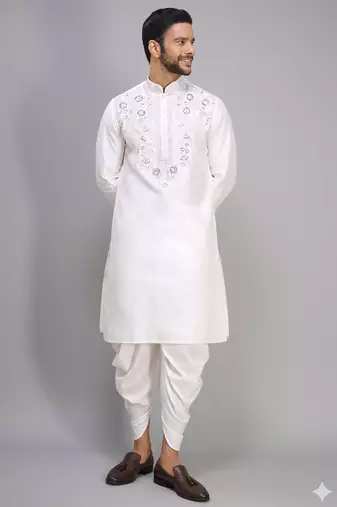 off white silk kurta patiala with thread embroidery