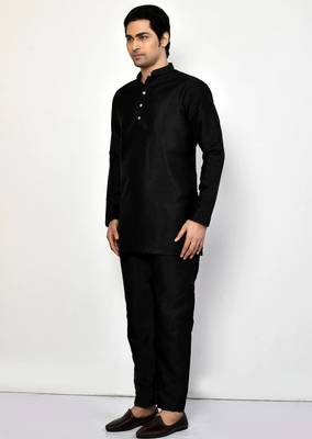 Elegant black raw silk short kurta with pants 2
