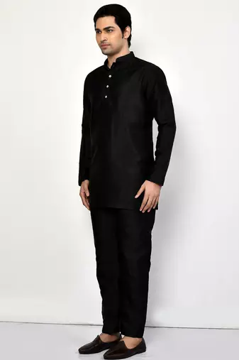 Elegant black raw silk short kurta with pants