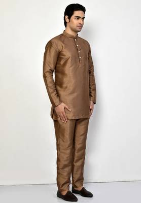 Elegant copper brown raw silk short kurta with pants 2