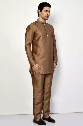Elegant copper brown raw silk short kurta with pants