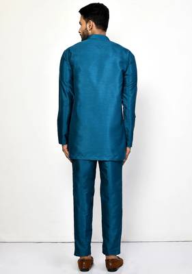 Elegant teal blue raw silk short kurta with pants 4