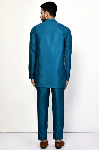 Elegant teal blue raw silk short kurta with pants