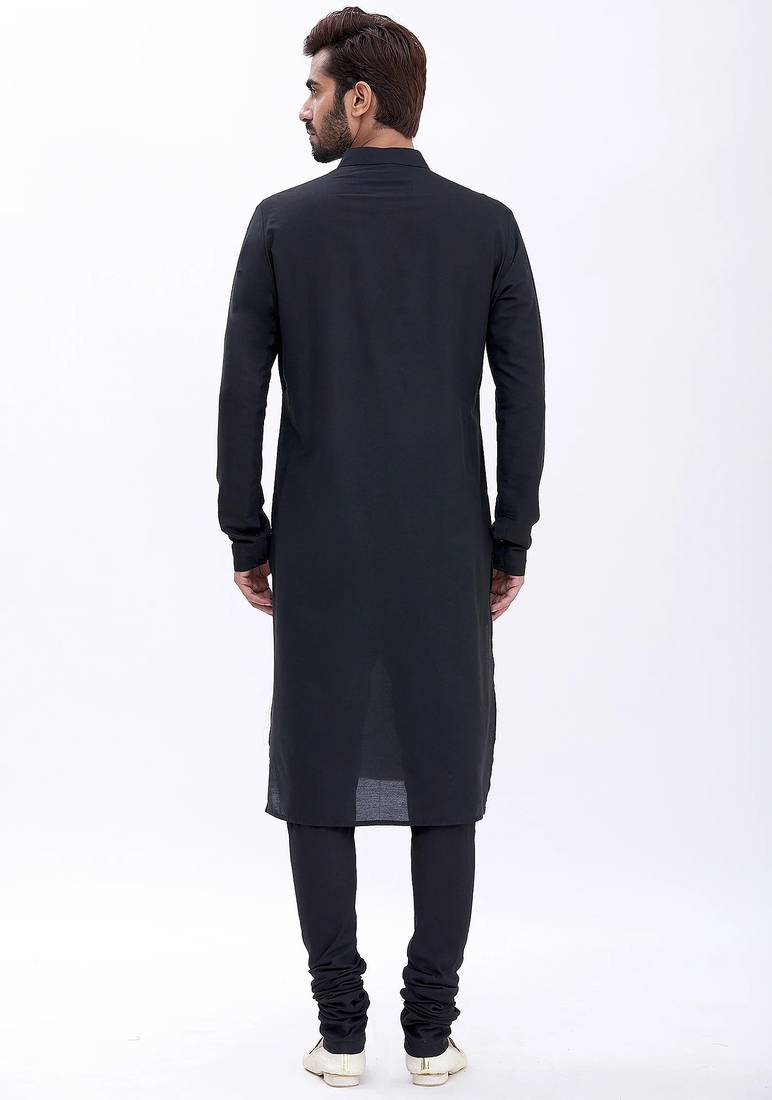 Elegant dark blue chanderi silk kurta with churidar pajama set