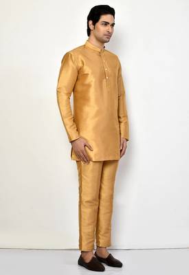 Elegant occasion wear gold raw silk short kurta with pants 2