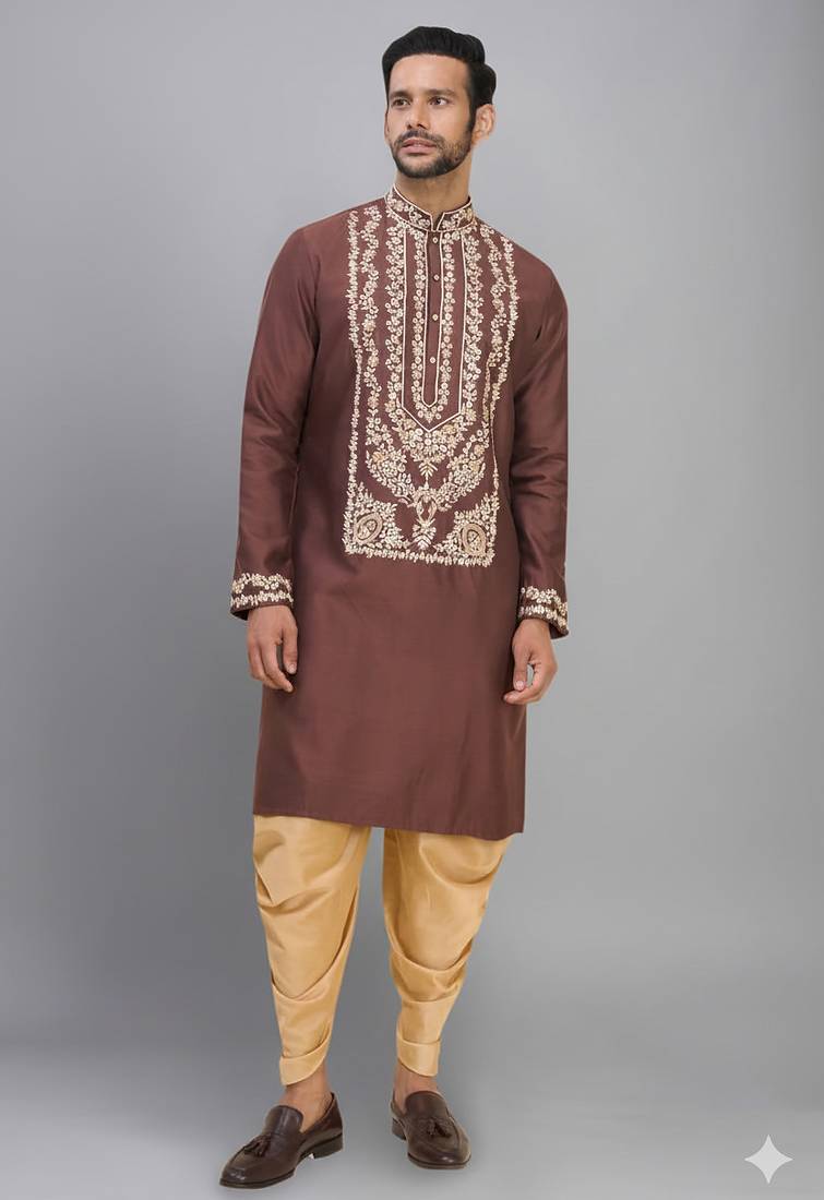 brown silk kurta patiala with heavy embroidery