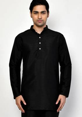 Elegant black raw silk short kurta with pants 3
