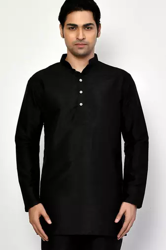Elegant black raw silk short kurta with pants