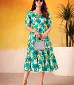 Beautiful Teal Green Flower Printed Silk Summer Wear Dress